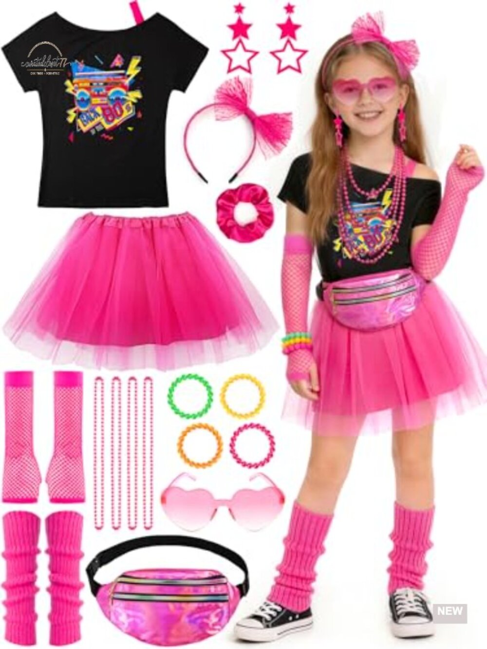 Girls 80s Costume Set 20pc Tutu Fishnet Gloves Leg Warmers Halloween